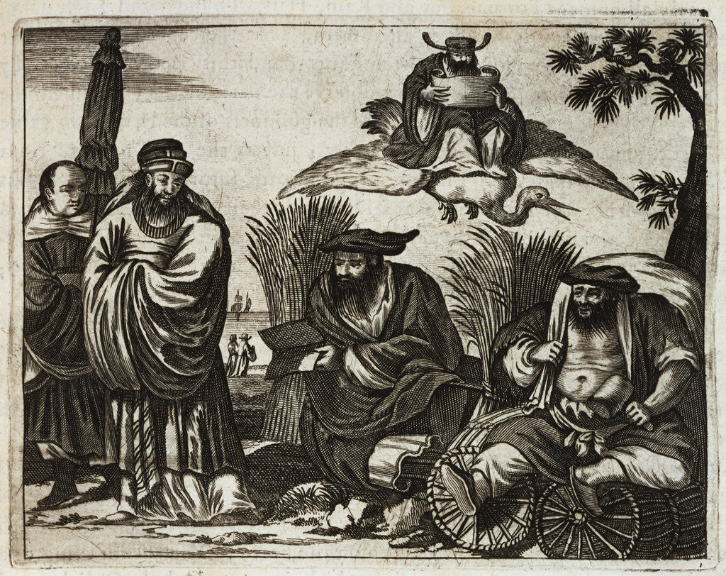 Detail of 17th-Century Engraving Depicting Chinese Merchants Consulting Fortune Tellers by Anonymous