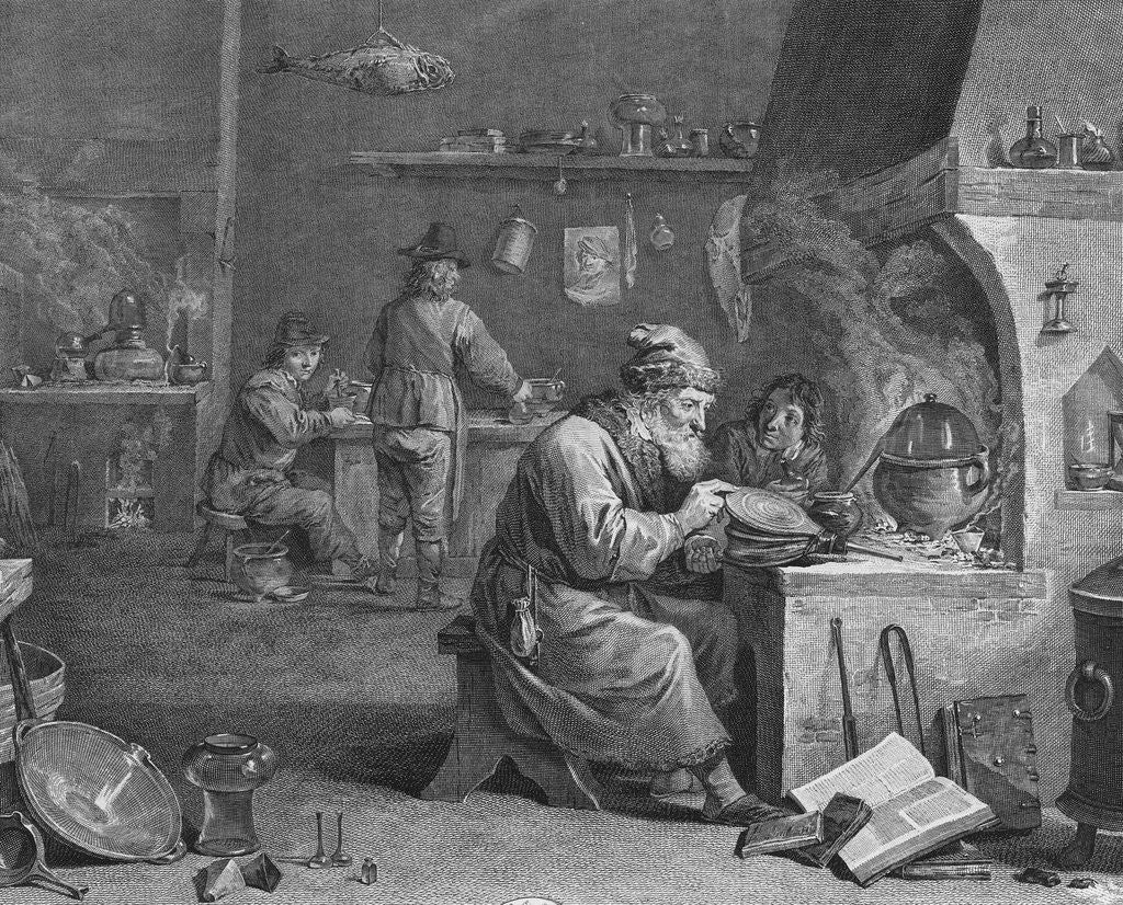Detail of Laboratory of an Alchemist Engraving by Fenier