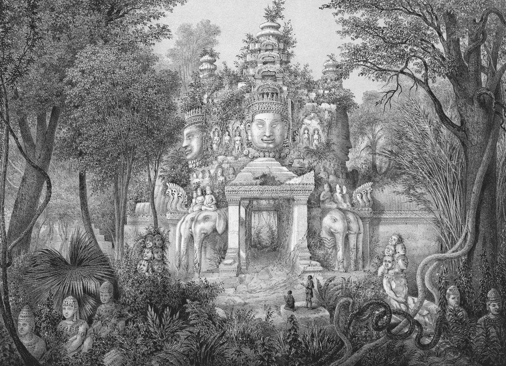Detail of 19c Print of the Elephant Gateway with Khmer Buddhists at Temple of Angkor Thom by Anonymous