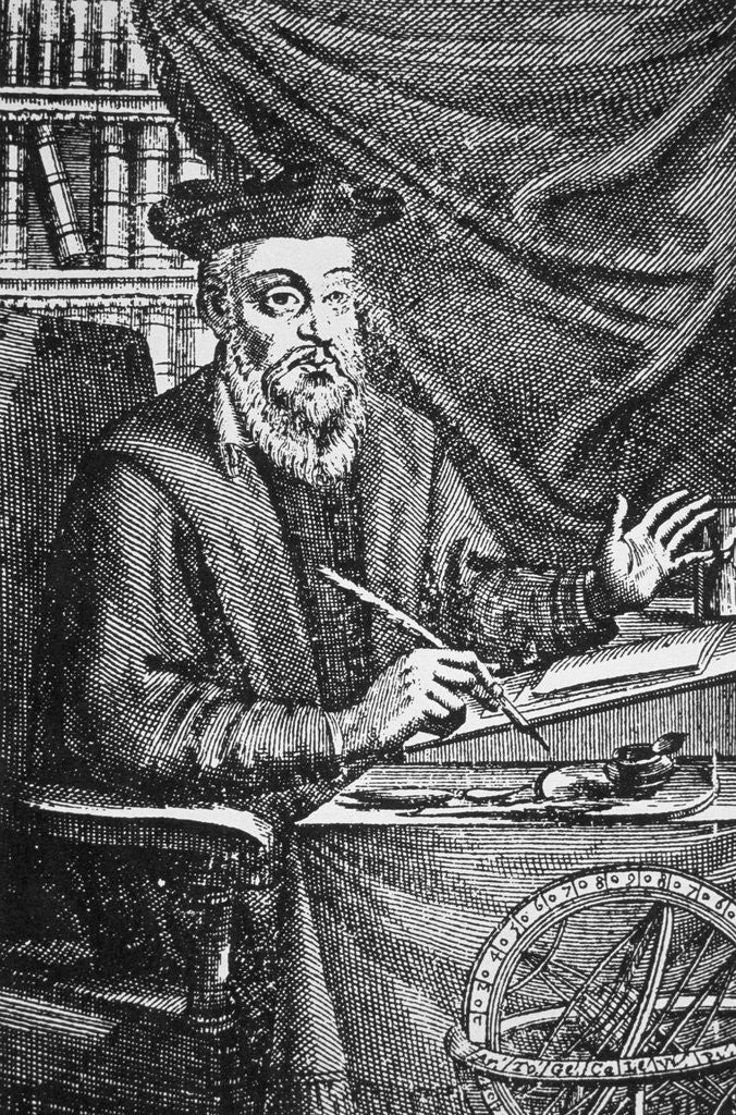 Detail of Engraving of Nostradamus Writing His Prophecies by Jean Sauve