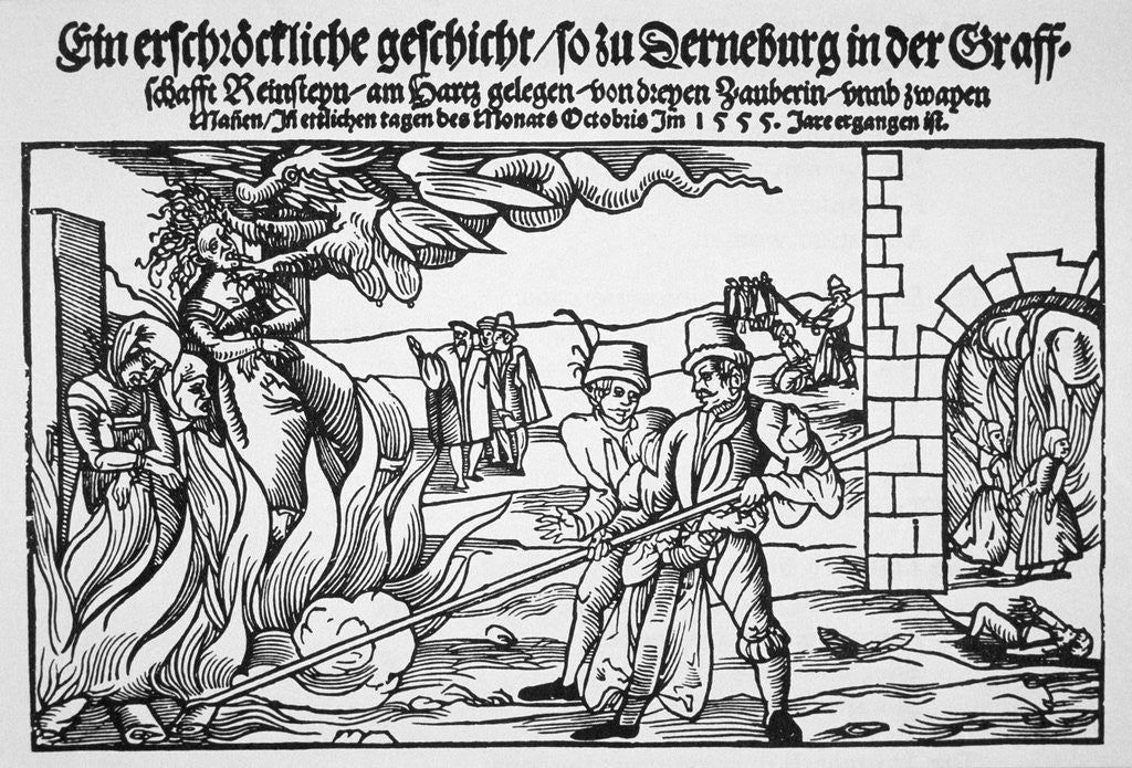 Detail of 16th Century Print of People Burning Three Witches Alive by Anonymous