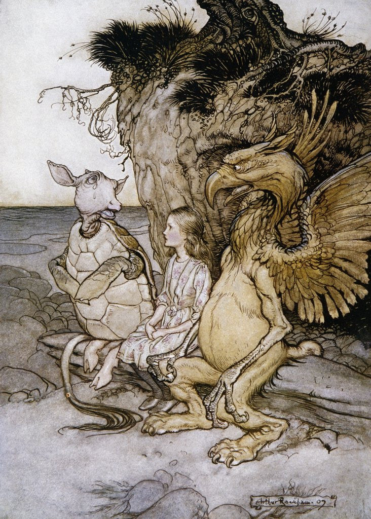 Illustration of Alice Sitting Down Next to Two Creatures by Arthur Rackham