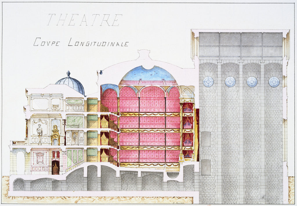 Detail of Architectural Drawing of Theatre Building with Cross-Sectional View by H. Monnot