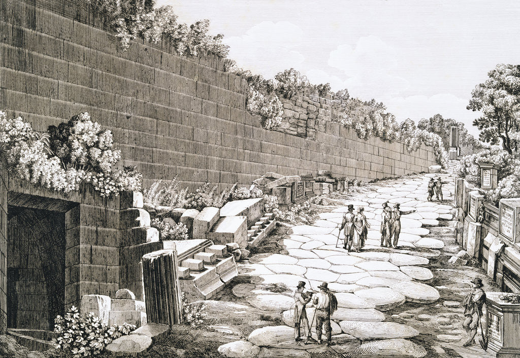 Detail of Etching of Tourists on Excavated Roman Road by Luigi Rossini