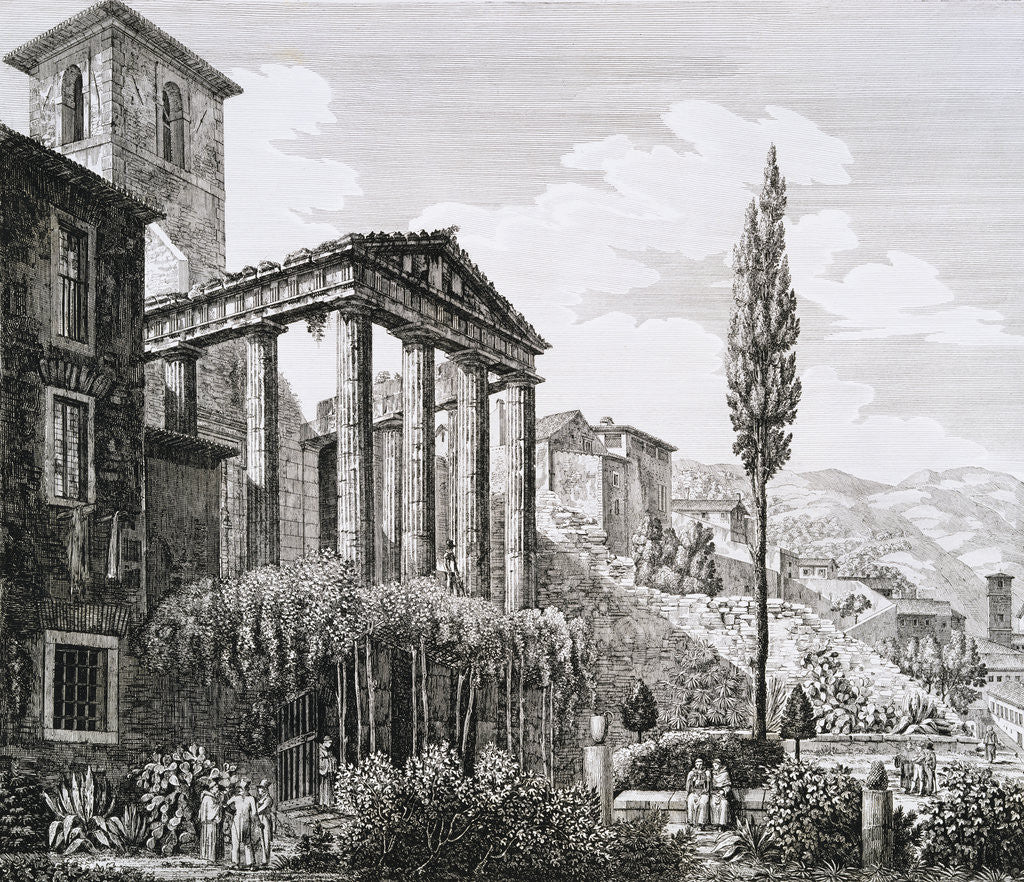 Detail of Etching of Temple of Hercules with Tourists and Gardens by Luigi Rossini