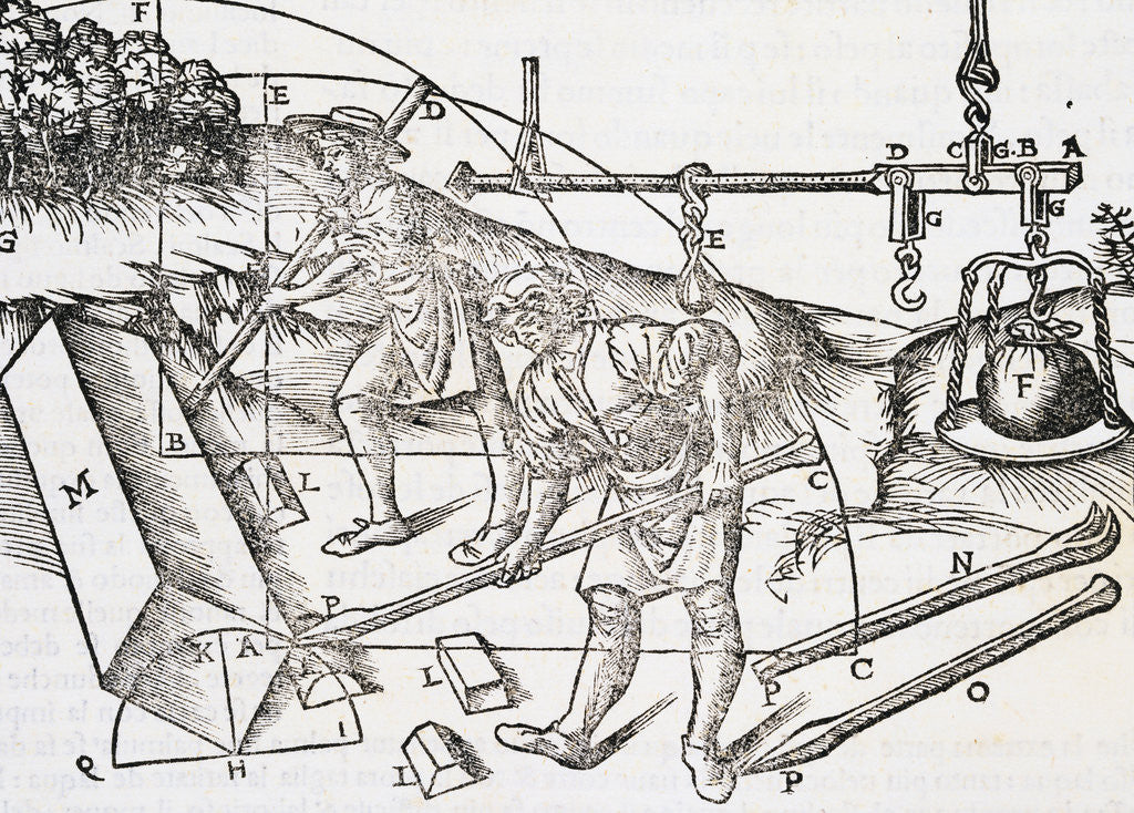 Detail of Vitruvius Woodcut Illustration of Two Builders Moving Stone Blocks by Cesare Cesariano