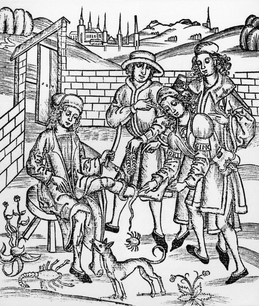 Detail of Woodcut Print Showing a Medieval Medical Scene by Anonymous
