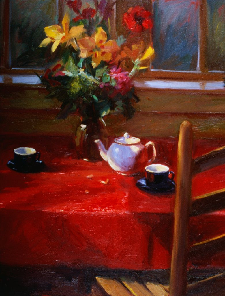 Detail of Flowers and Teapot on Red by Pam Ingalls