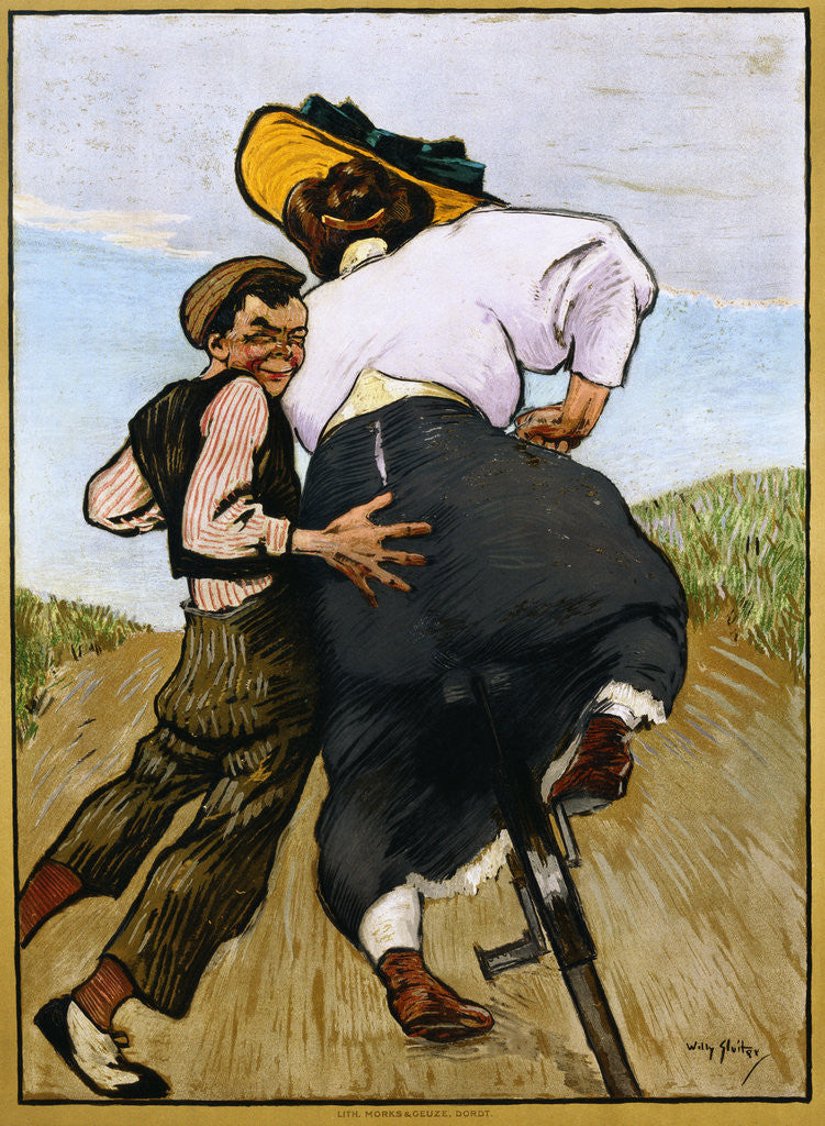 Detail of Poster Depicting a Man Helping a Female Cyclist by Willy Sluiter