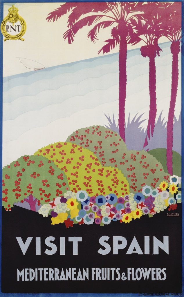 Detail of Visit Spain - Mediterranean Fruits & Flowers Travel Poster by A. Vercher
