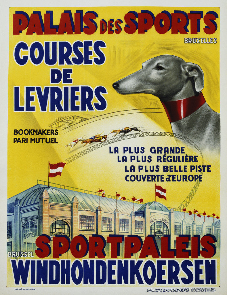 Detail of Palais des Sports - Courses de Levriers - Sportspalais Windhondenkoersen Dog Racing Poster by Anonymous