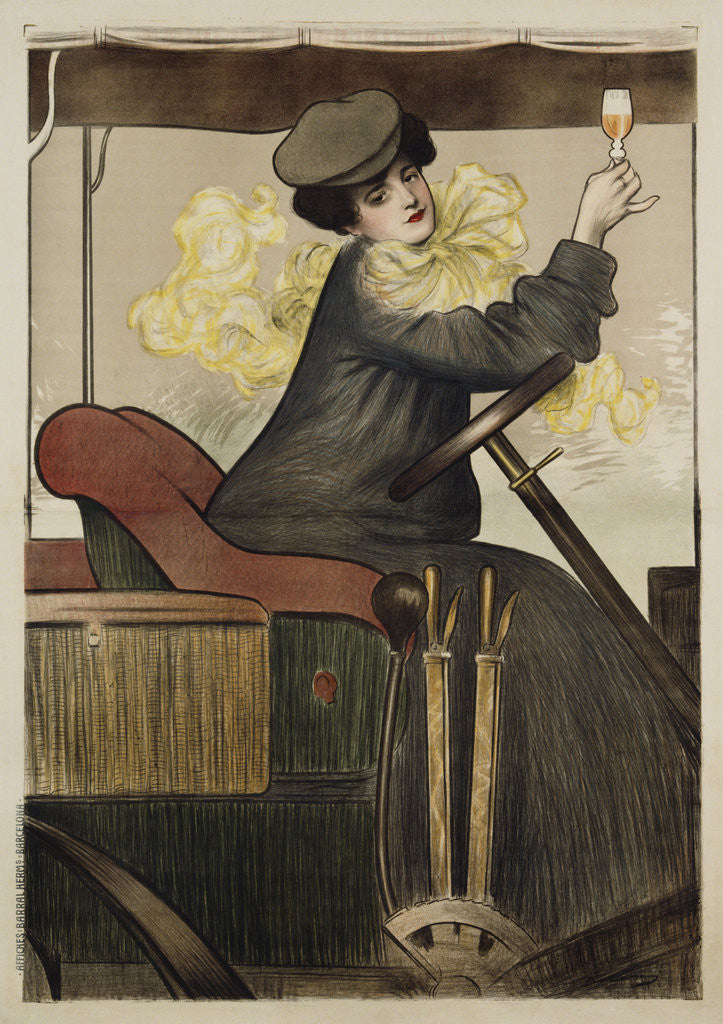 Detail of Poster with Woman in Vintage Automobile Holding Up Sherry Glass by Ramon Casas Carbo