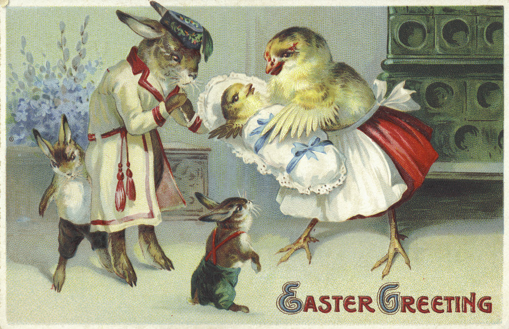 Detail of Easter Greeting Postcard Depicting a Rabbit and Chick Family by Anonymous