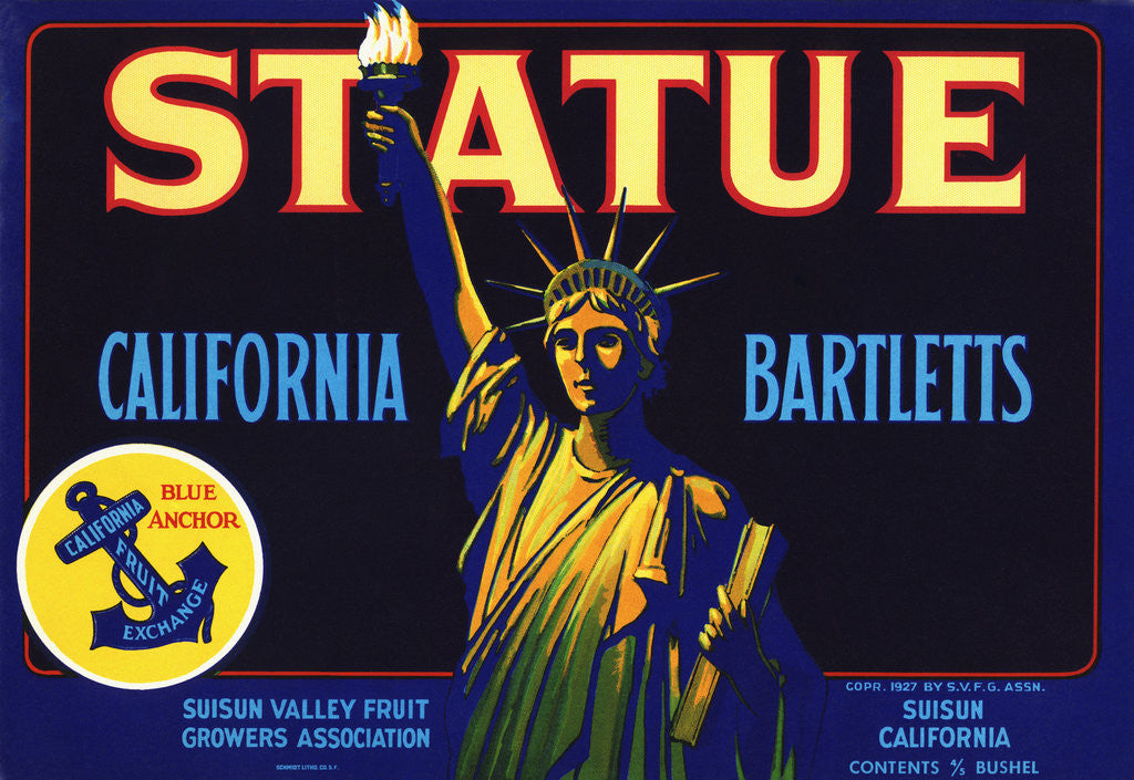 Detail of Statue California Bartletts Pear Fruit Crate Label by Anonymous