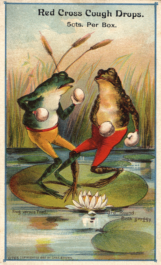 Detail of Frog Versus Toad Red Cross Cough Drops Advertisement by Corbis