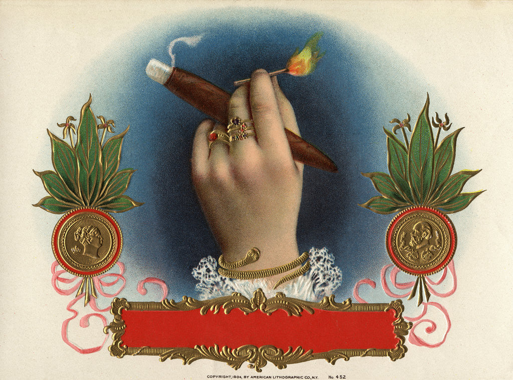 Detail of Cigar Box Label with Female Hand Holding a Match by Anonymous
