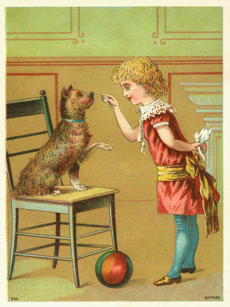 Detail of Trade Card of a Girl Training a Terrier Dog by Anonymous