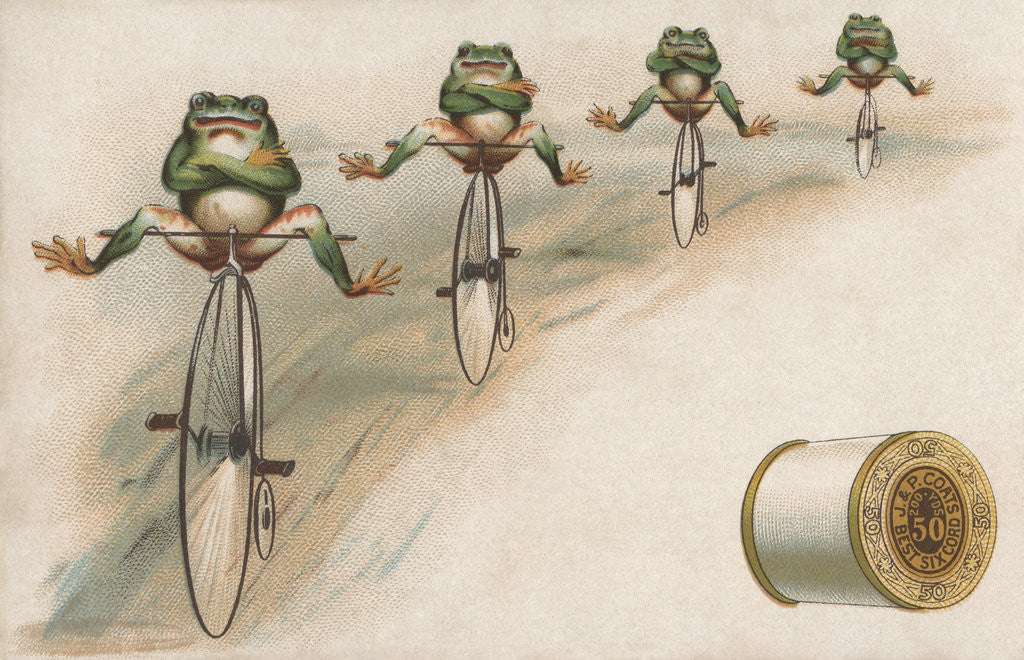 Detail of J & P Coats Trade Card of Frog Cyclists by Anonymous