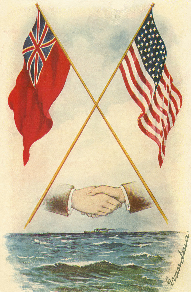 Detail of Postcard of Handshake and Flags Across the Ocean by Corbis