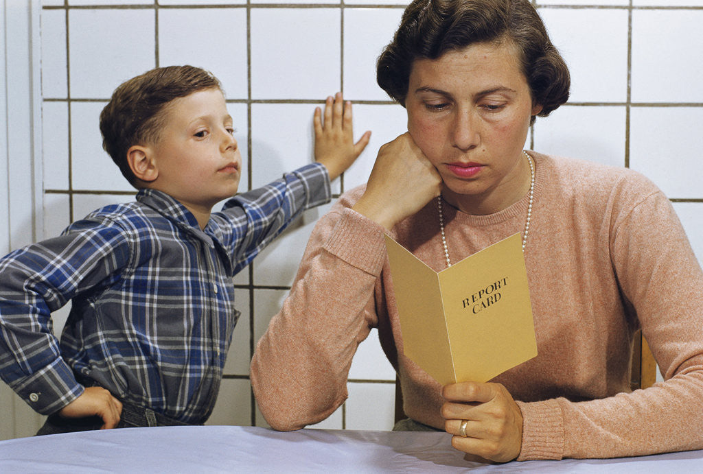 Detail of Disappointed Mother Reading Son's Report Card by Anonymous
