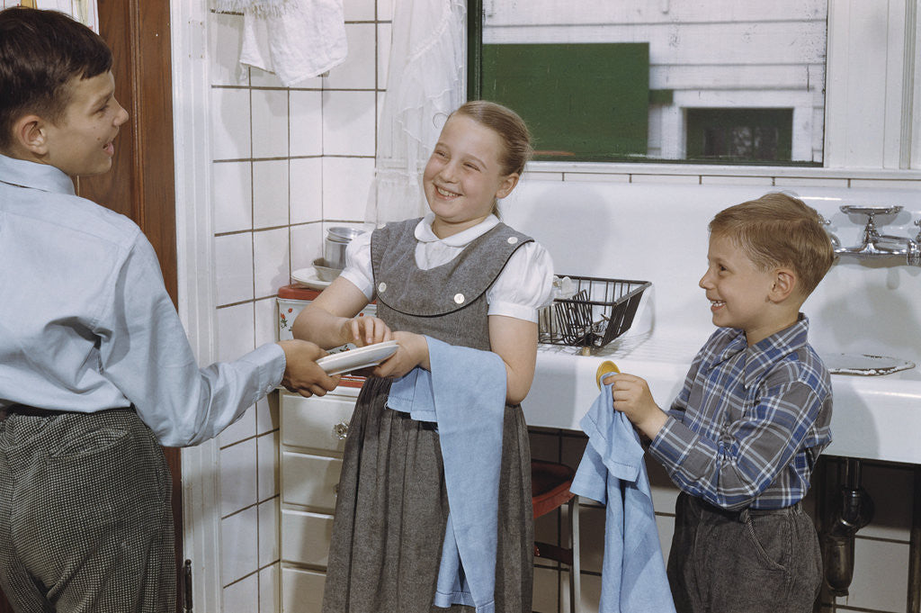 Detail of Siblings Drying Dishes by Anonymous