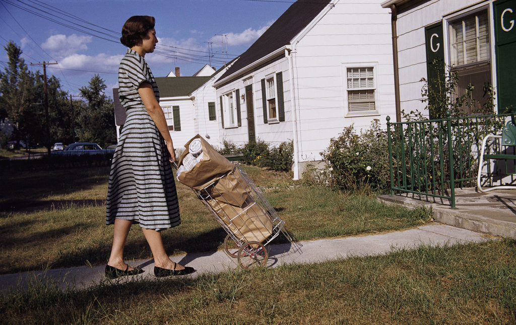 Detail of Woman Pushing Shopping Cart to House by Corbis