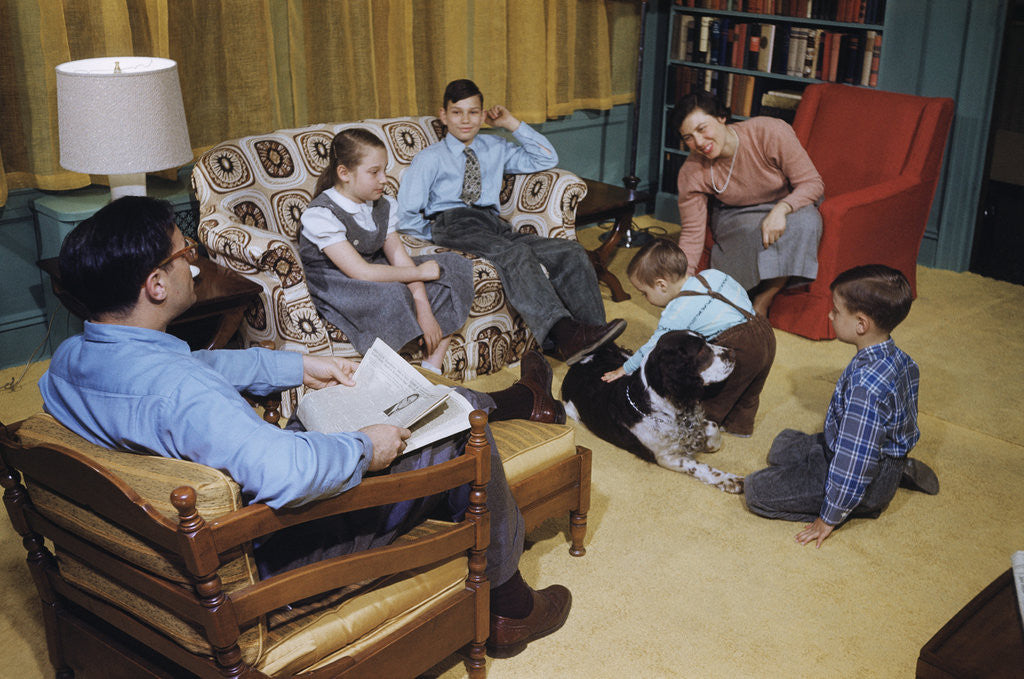 Detail of Family in Living Room with Dog by Anonymous