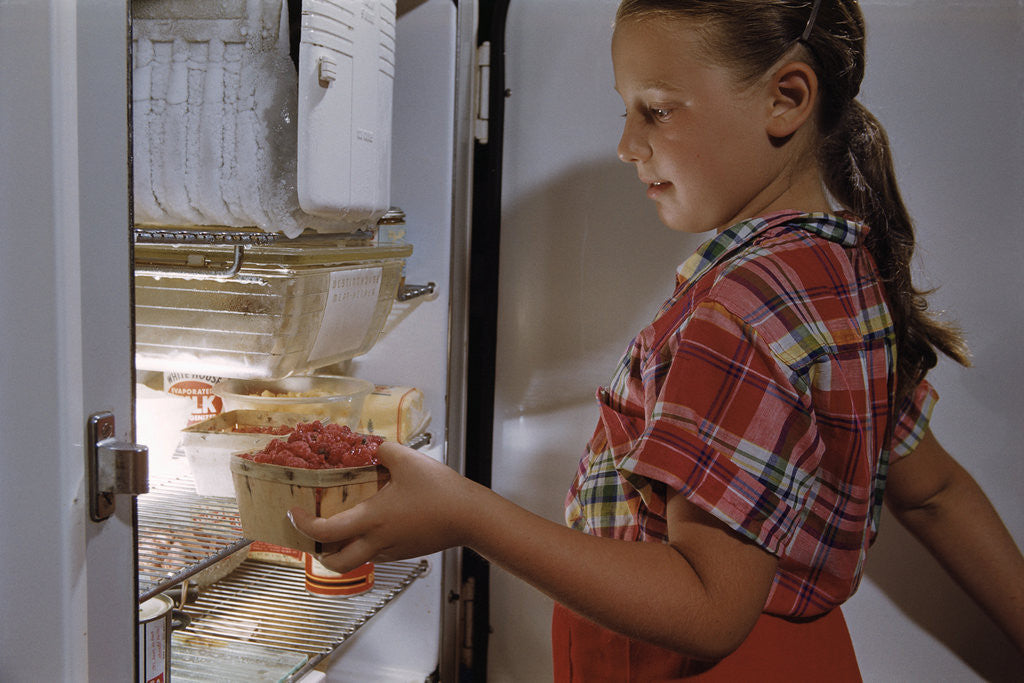 Detail of Girl Removing Raspberries from Freezer by Anonymous
