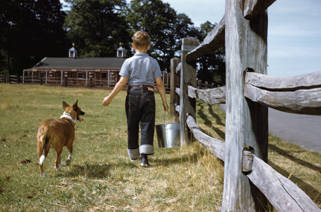 Detail of Boy and His Dog Walking Along a Fence by Anonymous
