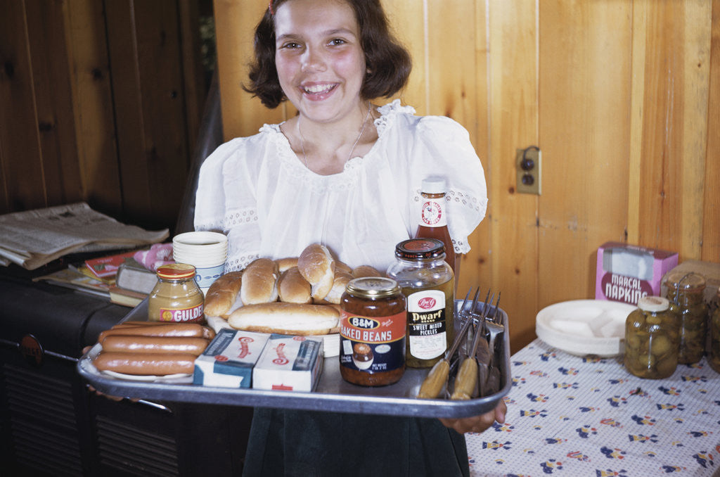Detail of Girl Carrying Tray of Barbecue Items by Anonymous