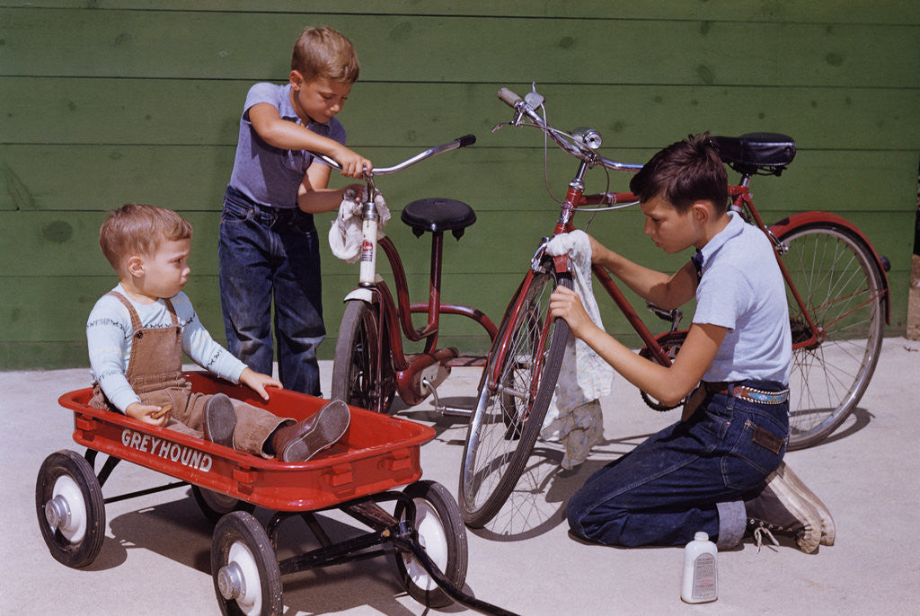 Detail of Boys Cleaning Their Bikes by Anonymous
