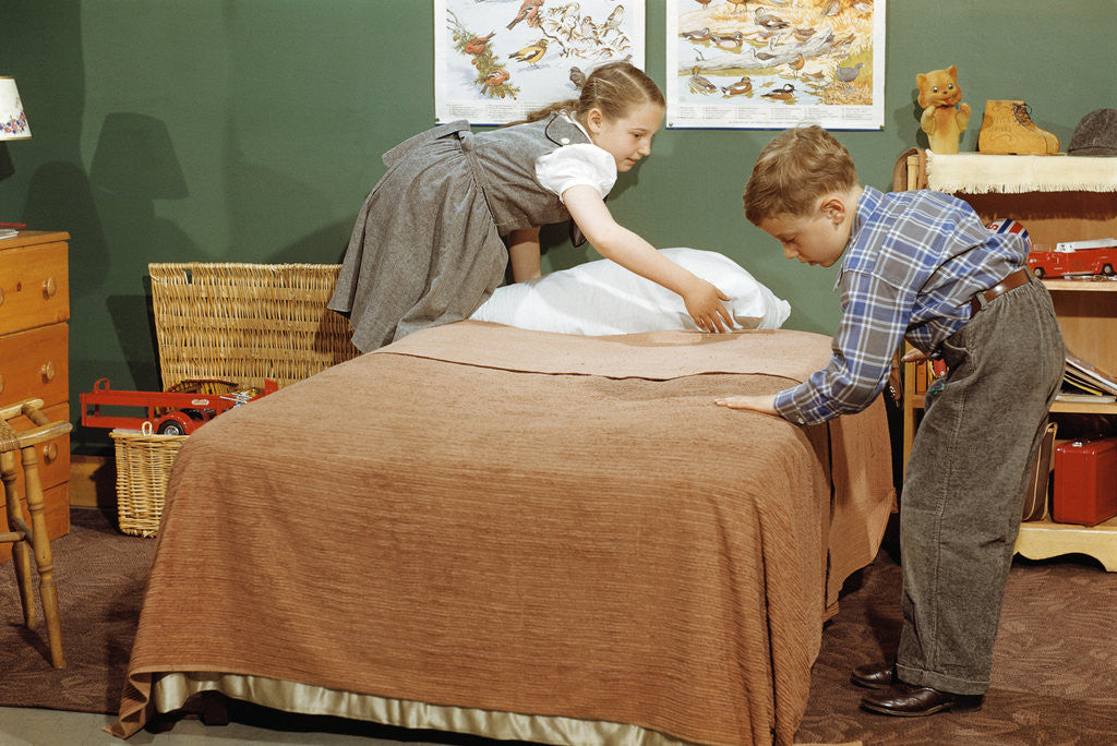 Detail of Children Making a Bed by Corbis