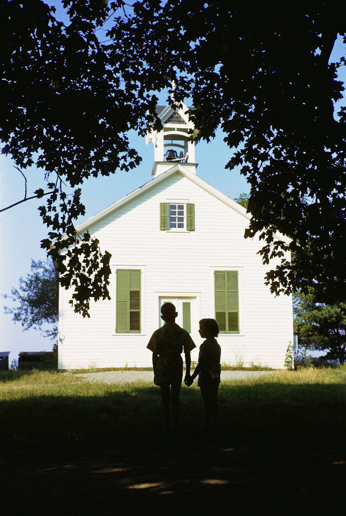 Detail of Boy and Girl Waiting near Schoolhouse by Anonymous