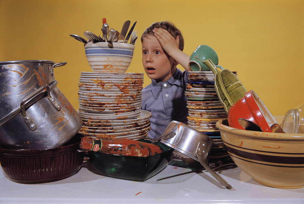 Detail of Boy Overwhelmed by Dirty Dishes by Anonymous