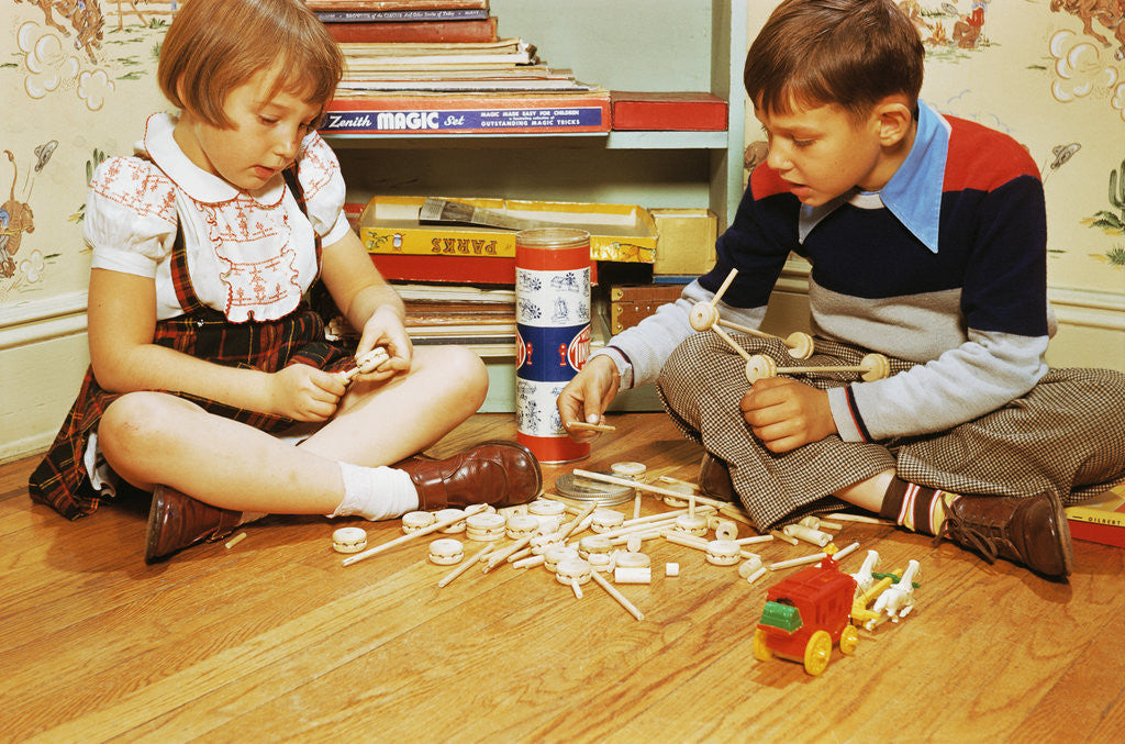 Detail of Boy and Girl Playing with Tinkertoys by Anonymous