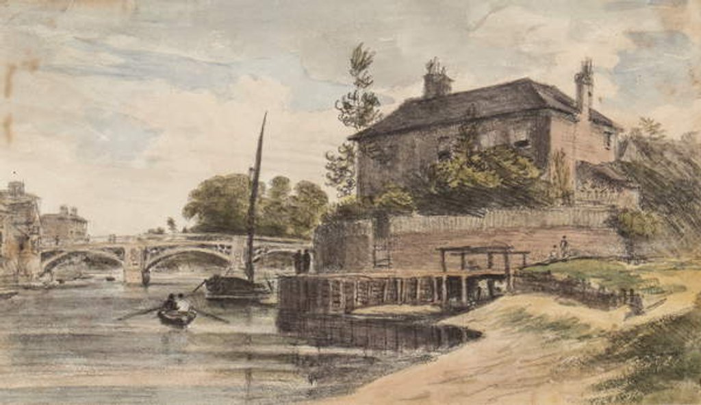 Detail of Berkshire: Windsor Bridge from the meadow going to Clewer, Mr Collins' House, Young Cramer and Blagsom in the boat, 18 July 1832 by William Crotch