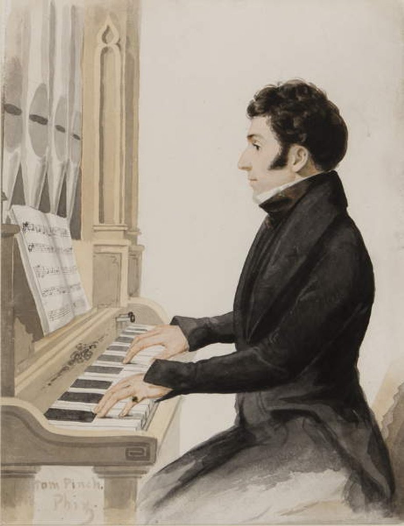 Detail of Tom Pinch playing the Salisbury organ by Hablot Knight Browne
