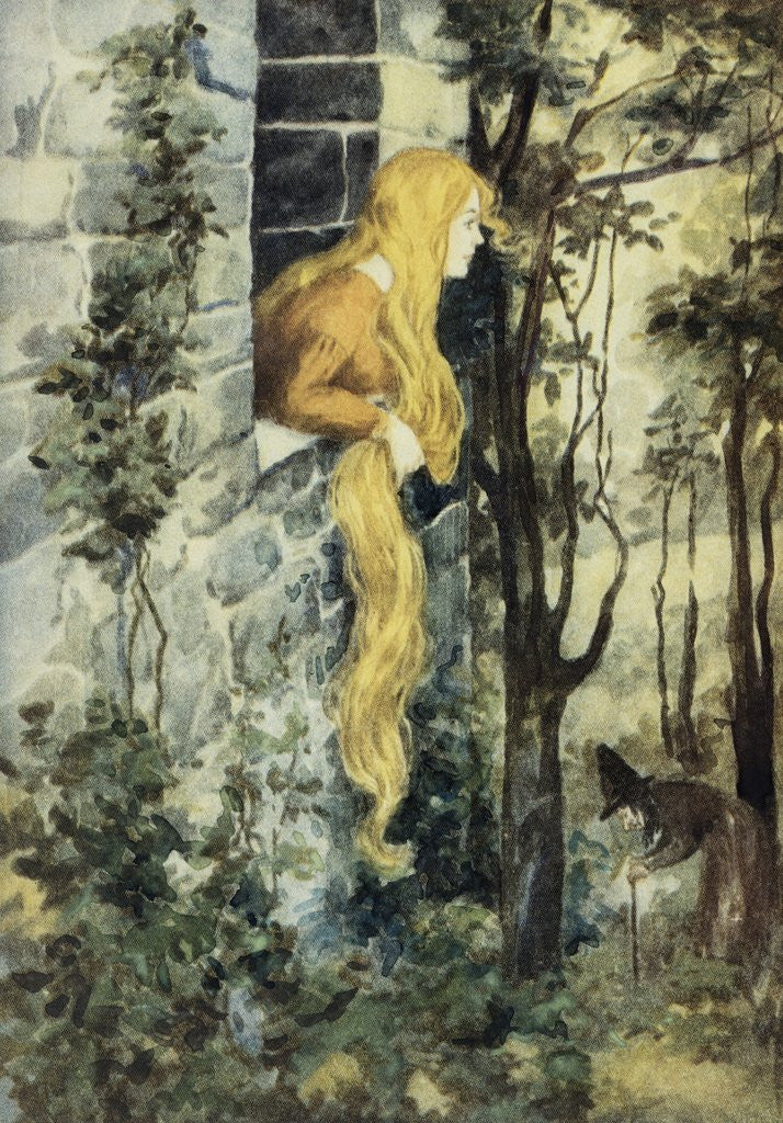 Detail of Grimm's Fairy Tales Book Illustration with Rapunzel in Her Tower by Corbis