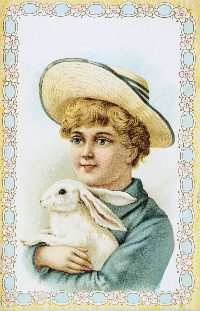 Detail of Postcard Depicting a Boy Holding a White Rabbit by Anonymous