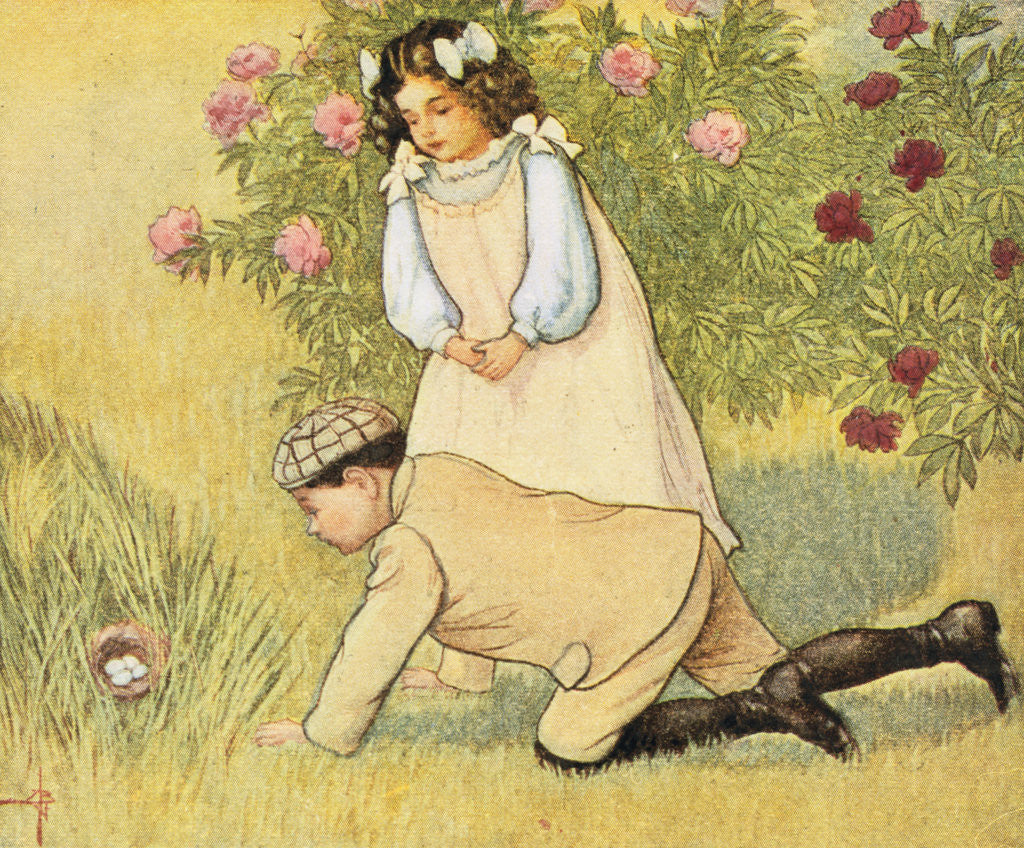 Detail of Book Illustration Depicting Two Children Examining a Bird's Nest by Anonymous