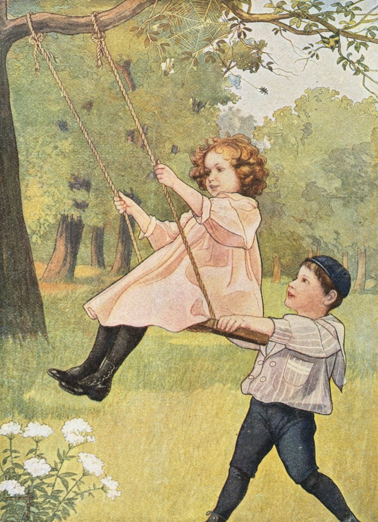 Detail of Book Illustration Depicting a Boy Pushing a Girl on a Swing by Corbis
