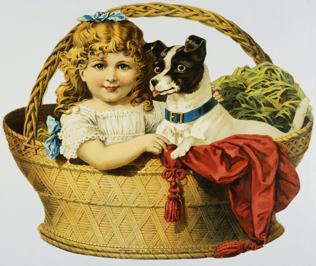 Detail of Illustration Depicting a Girl and A Dog in a Basket by Corbis