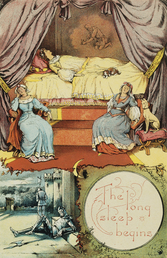 Detail of Book Illustration Depicting Sleeping Beauty and Her Attendants Asleep by Corbis