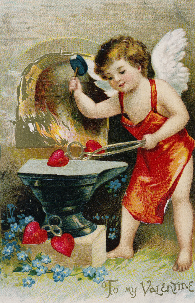 Detail of To My Valentine Postcard with Cupid at a Forge by Corbis