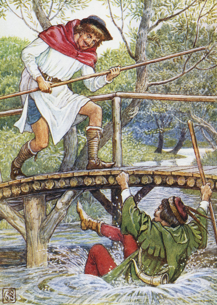 Detail of Book Illustration of Little John Knocking Robin Hood Off the Bridge by Walter Crane