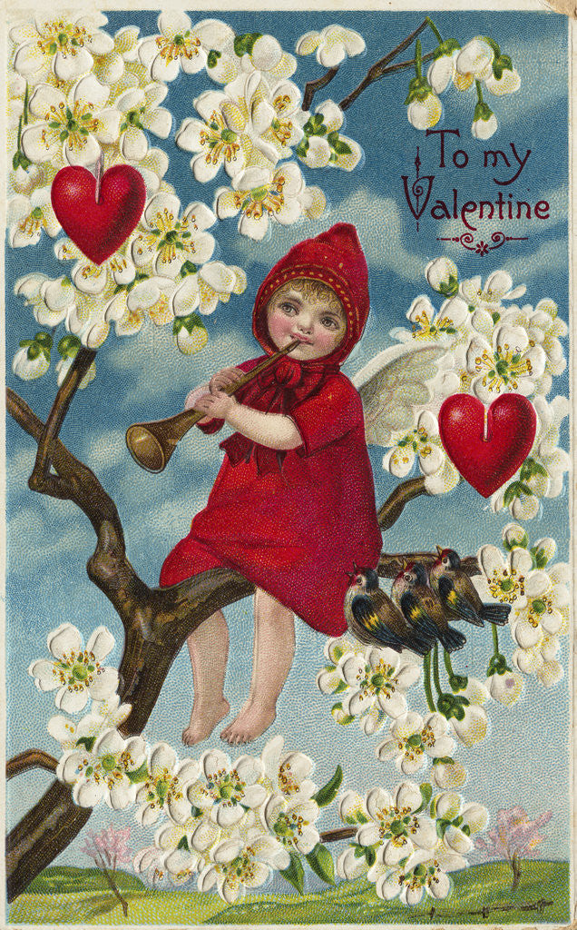 Detail of To My Valentine Postcard with a Cherub in a Tree by Anonymous