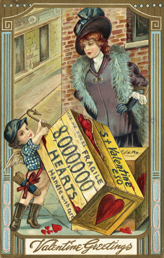 Detail of Valentine Greetings Postcard with Cupid's Crate of Hearts by Anonymous