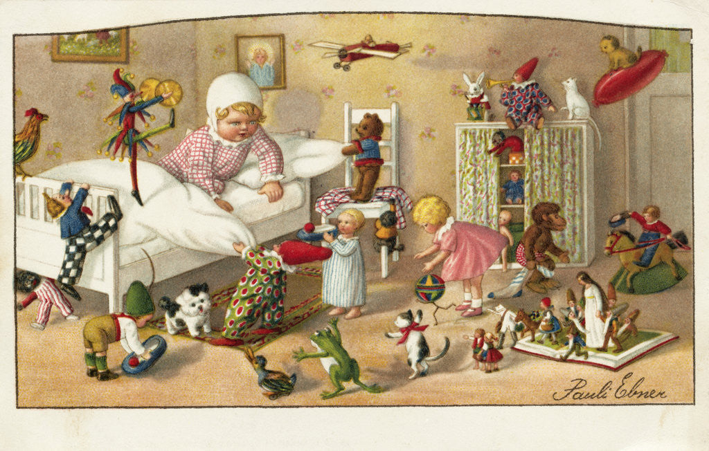Detail of Postcard of Toys Waking a Little Girl by Pauli Ebner