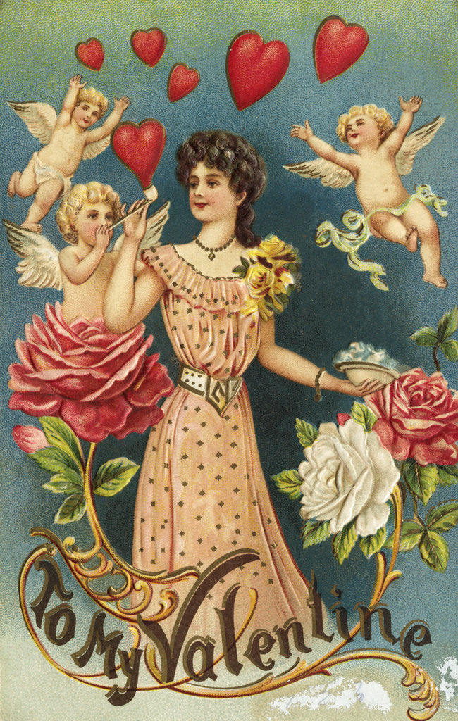 Detail of To My Valentine Postcard with Cupids and a Woman by Anonymous