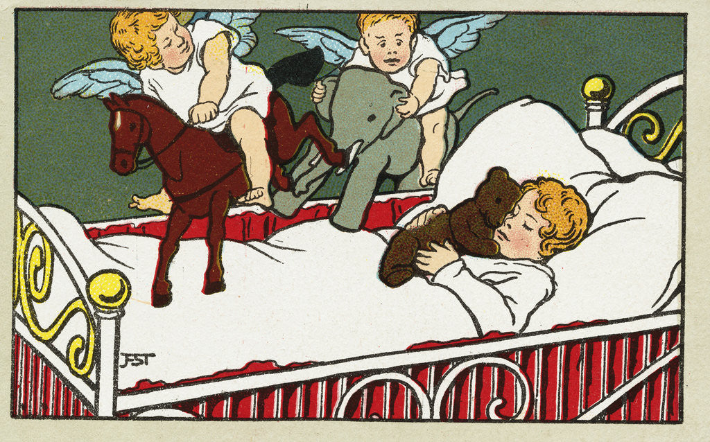 Detail of Postcard of Two Cherubs and a Sleeping Child by Anonymous